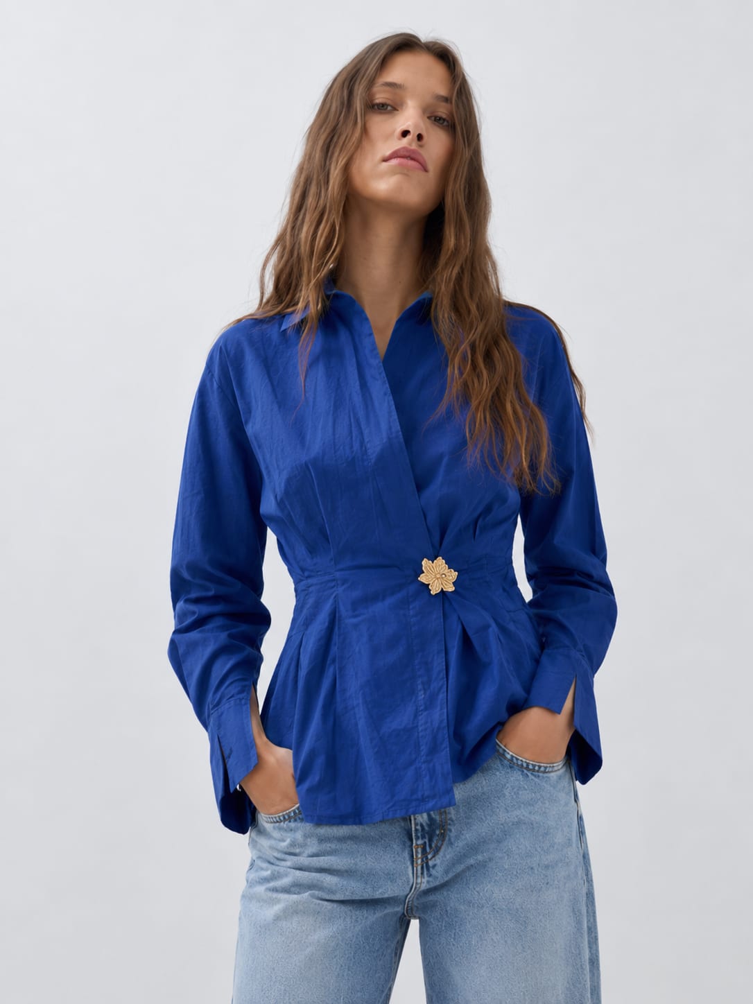 Women Long Sleeve Blue Wrap Blouse