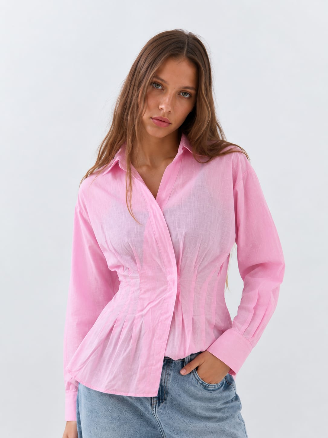 Women Long Sleeve Pink Wrap Blouse