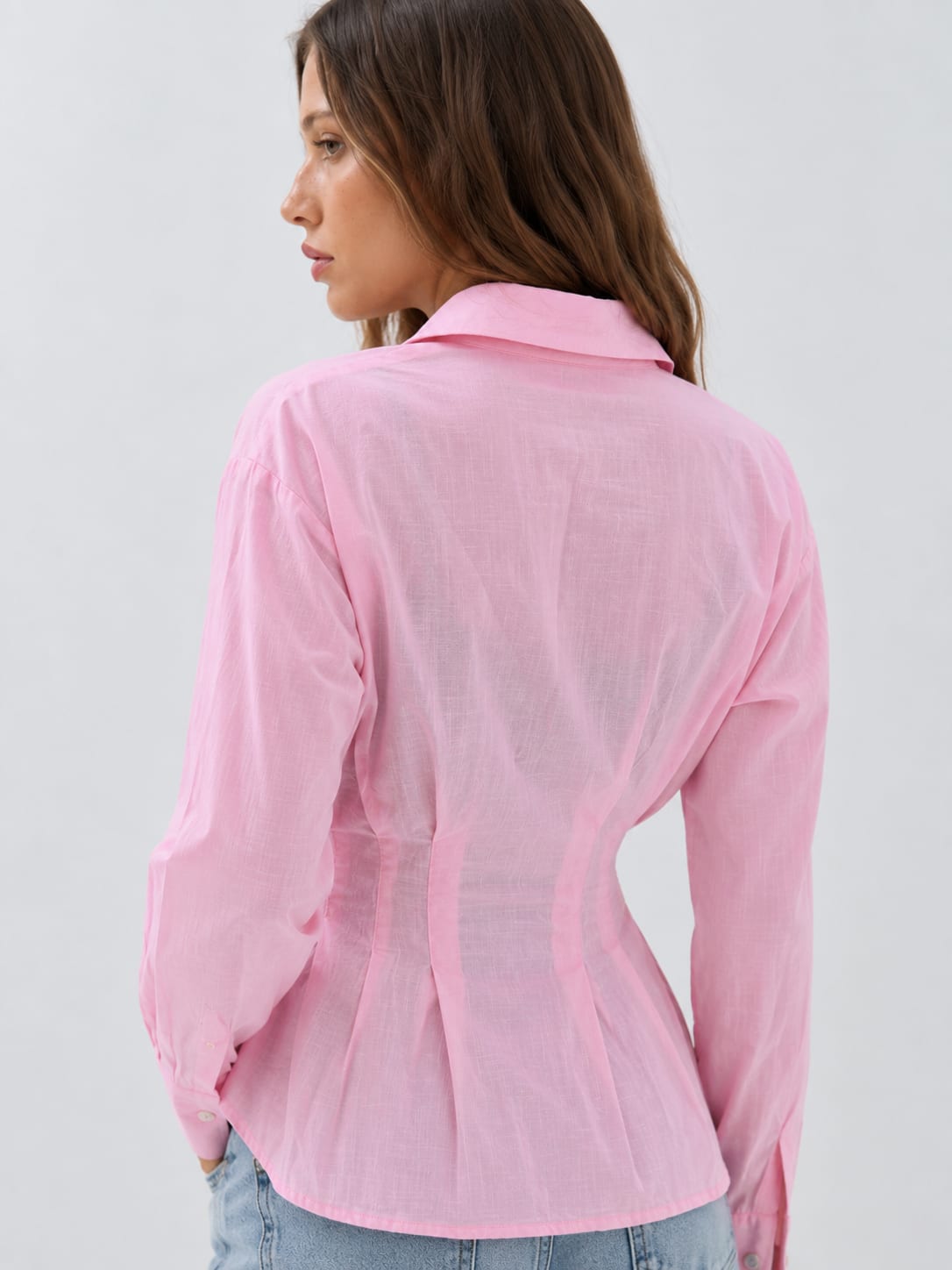 Women Long Sleeve Pink Wrap Blouse