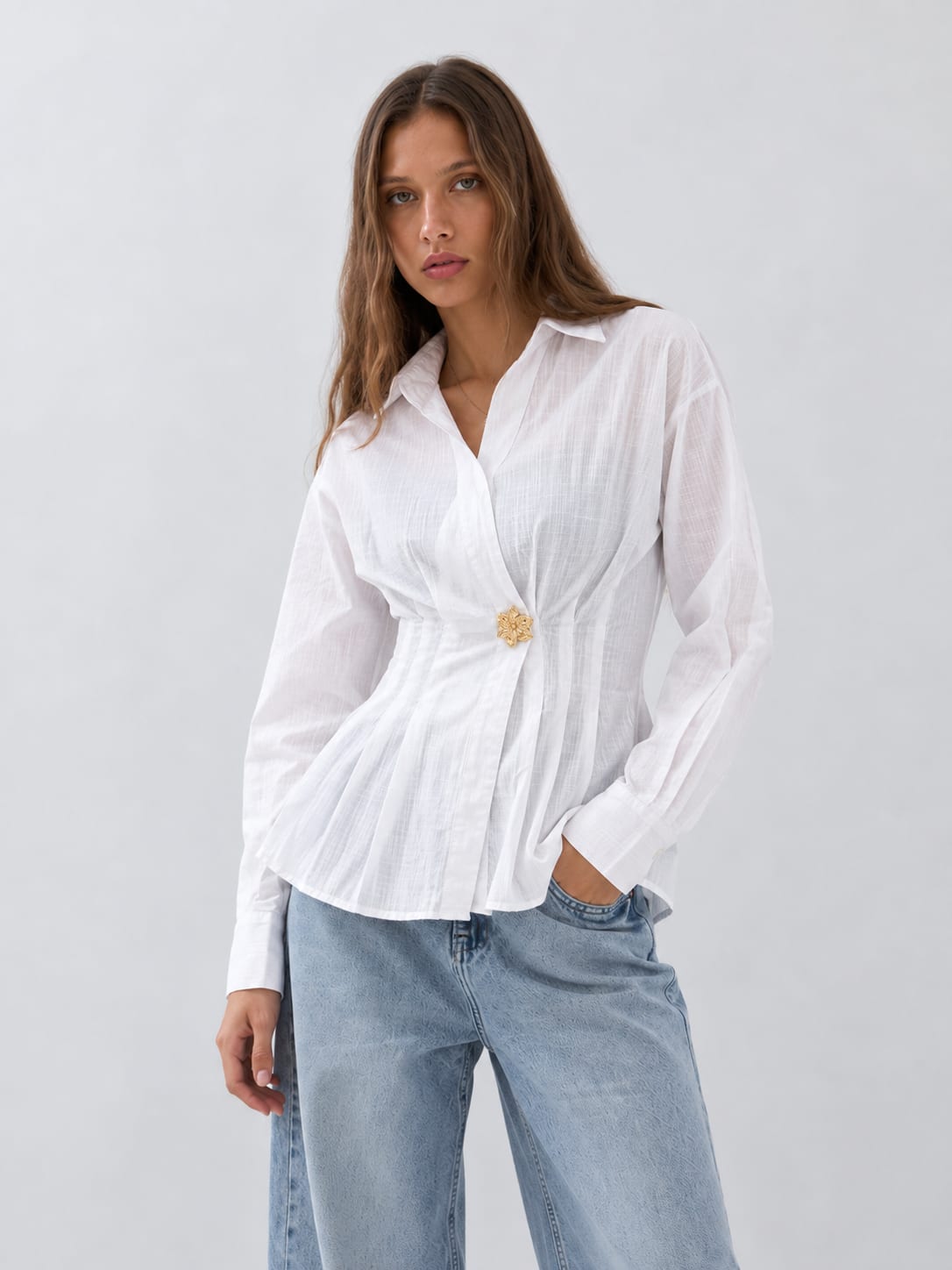 Women Long Sleeve White Wrap Blouse