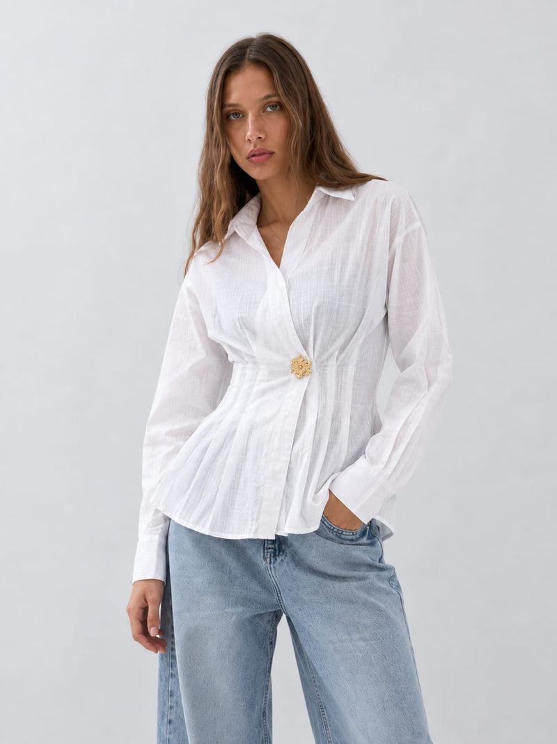 Women Long Sleeve White Wrap Blouse Blouse CIZARO - Cizaro Jeans