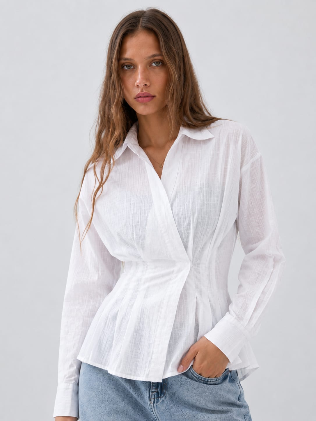 Women Long Sleeve White Wrap Blouse