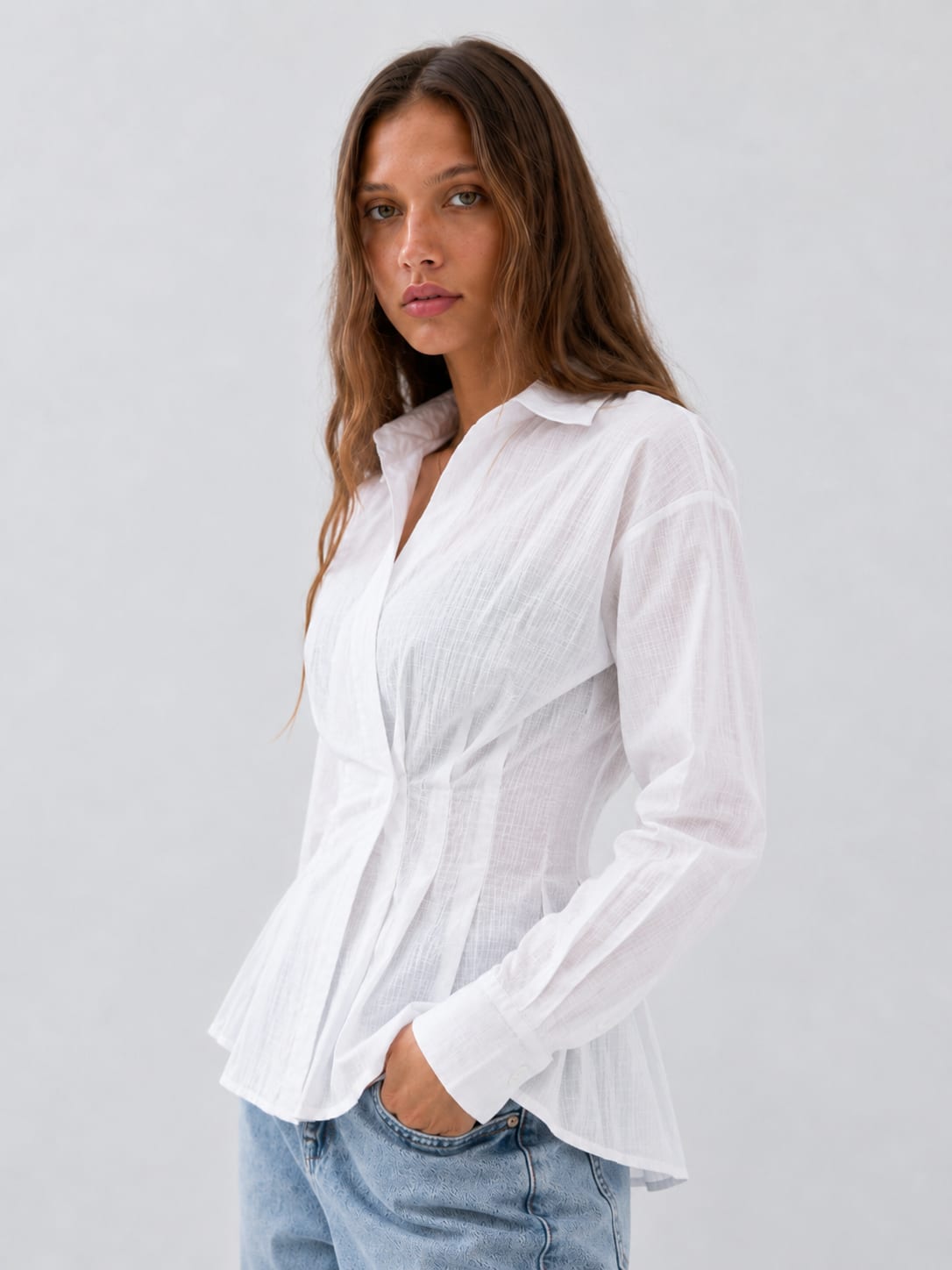 Women Long Sleeve White Wrap Blouse