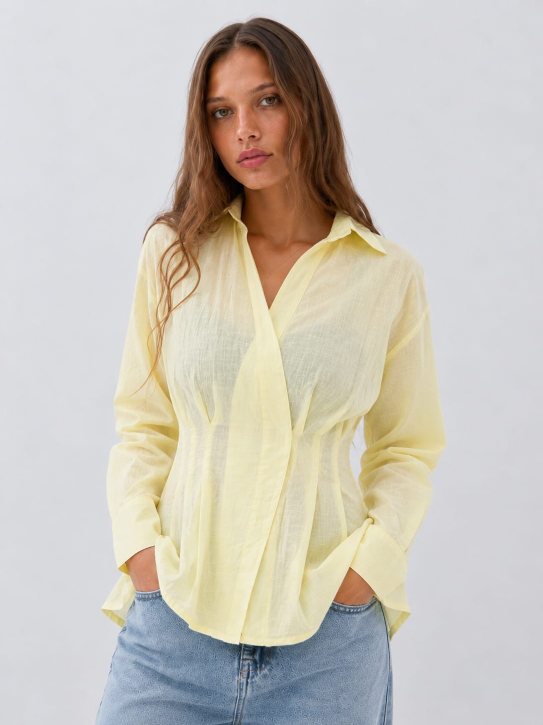 Women Long Sleeve Butter Yellow Blouse