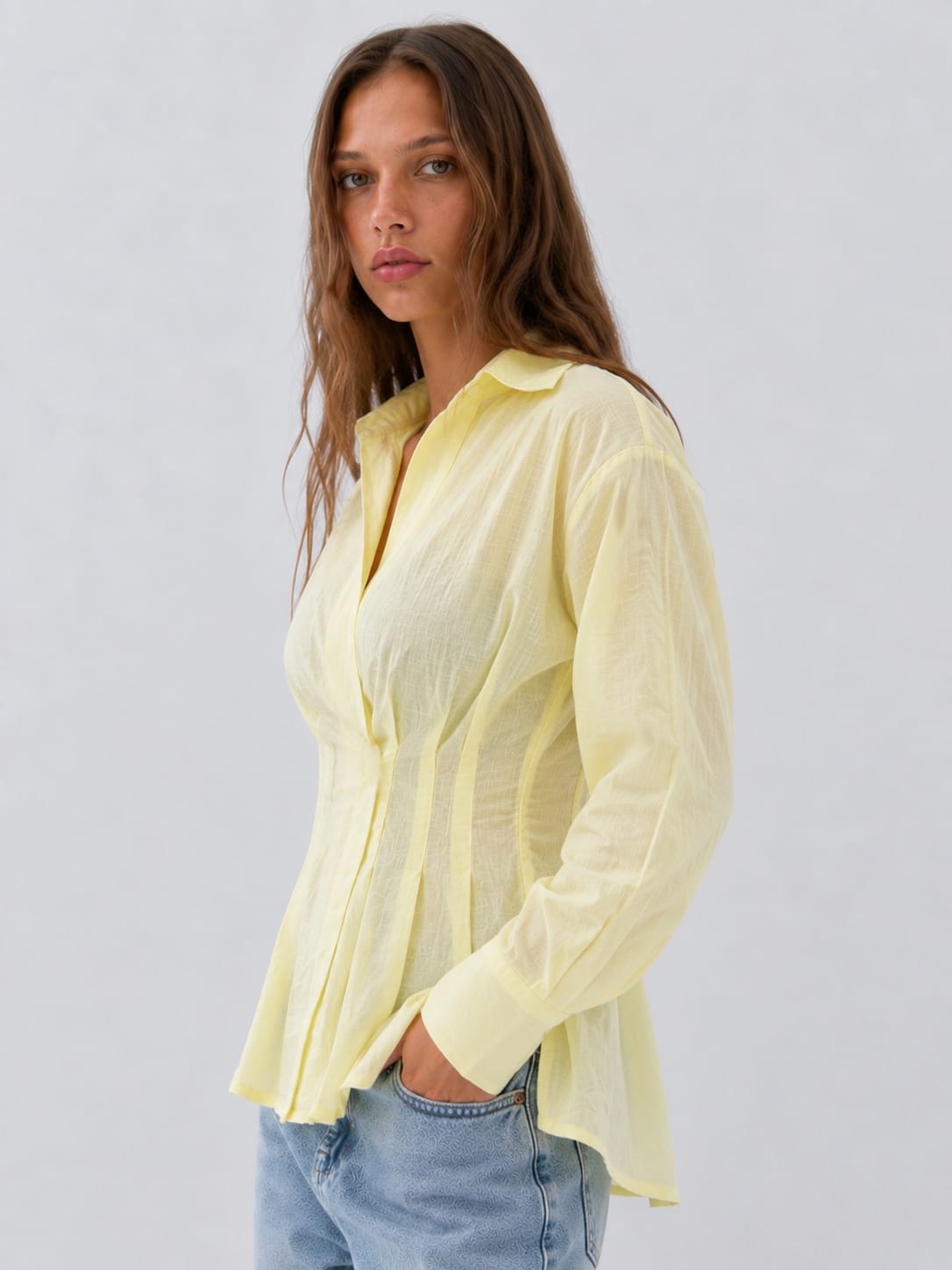 Women Long Sleeve Butter Yellow Blouse