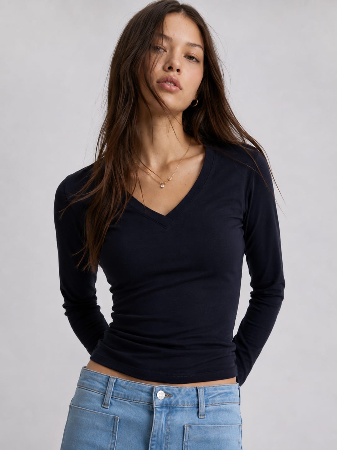Long sleeve V-Neck Basic Top – Navy Blue