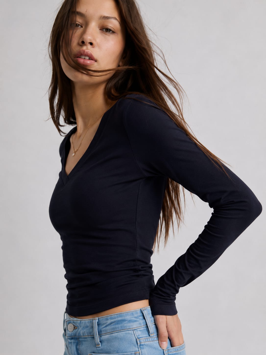 Long sleeve V-Neck Basic Top – Navy Blue