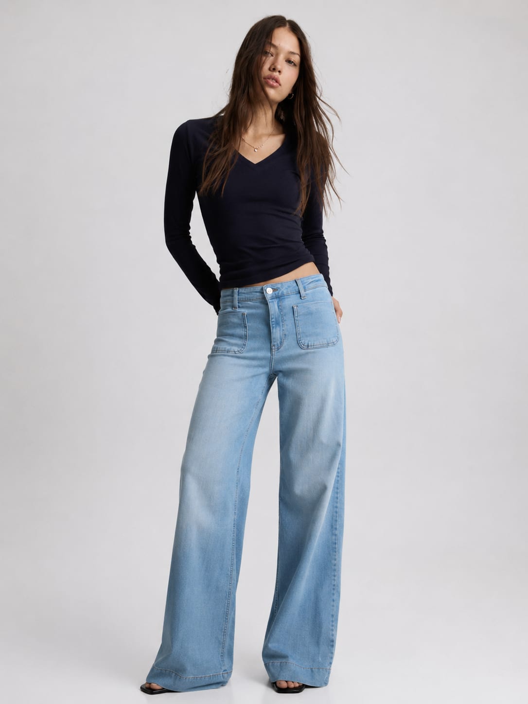 Long sleeve V-Neck Basic Top – Navy Blue