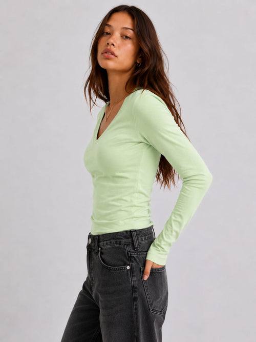 Long sleeve V-Neck Basic Top – Green Basic Top CIZARO - Cizaro Jeans