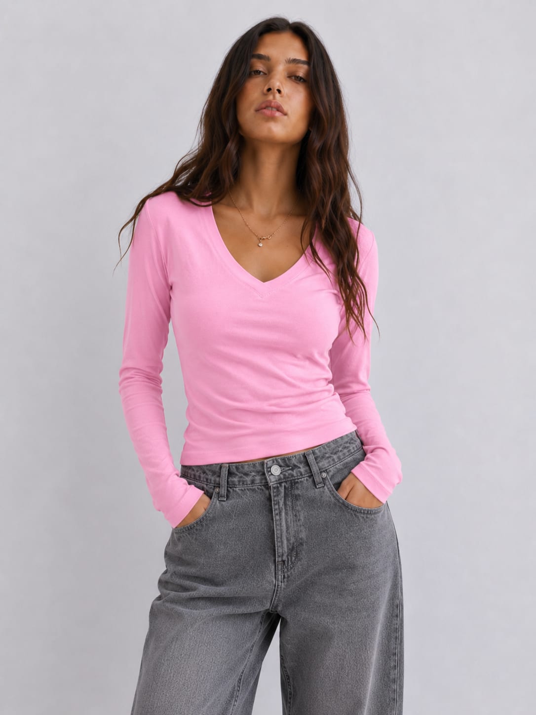 Long sleeve V-Neck Basic Top – Pink