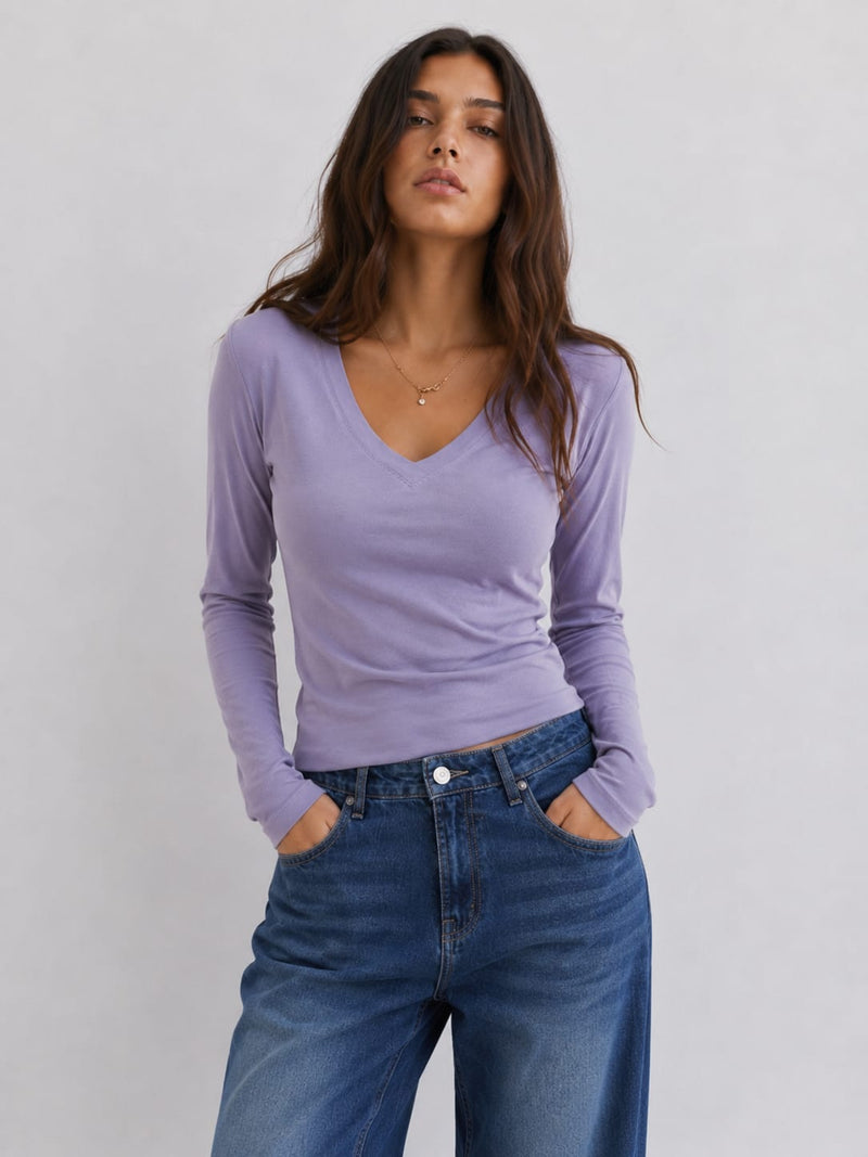 Long sleeve V-Neck Basic Top – Purple Basic Top CIZARO - Cizaro Jeans