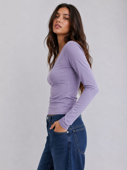 Long sleeve V-Neck Basic Top – Purple Basic Top CIZARO - Cizaro Jeans