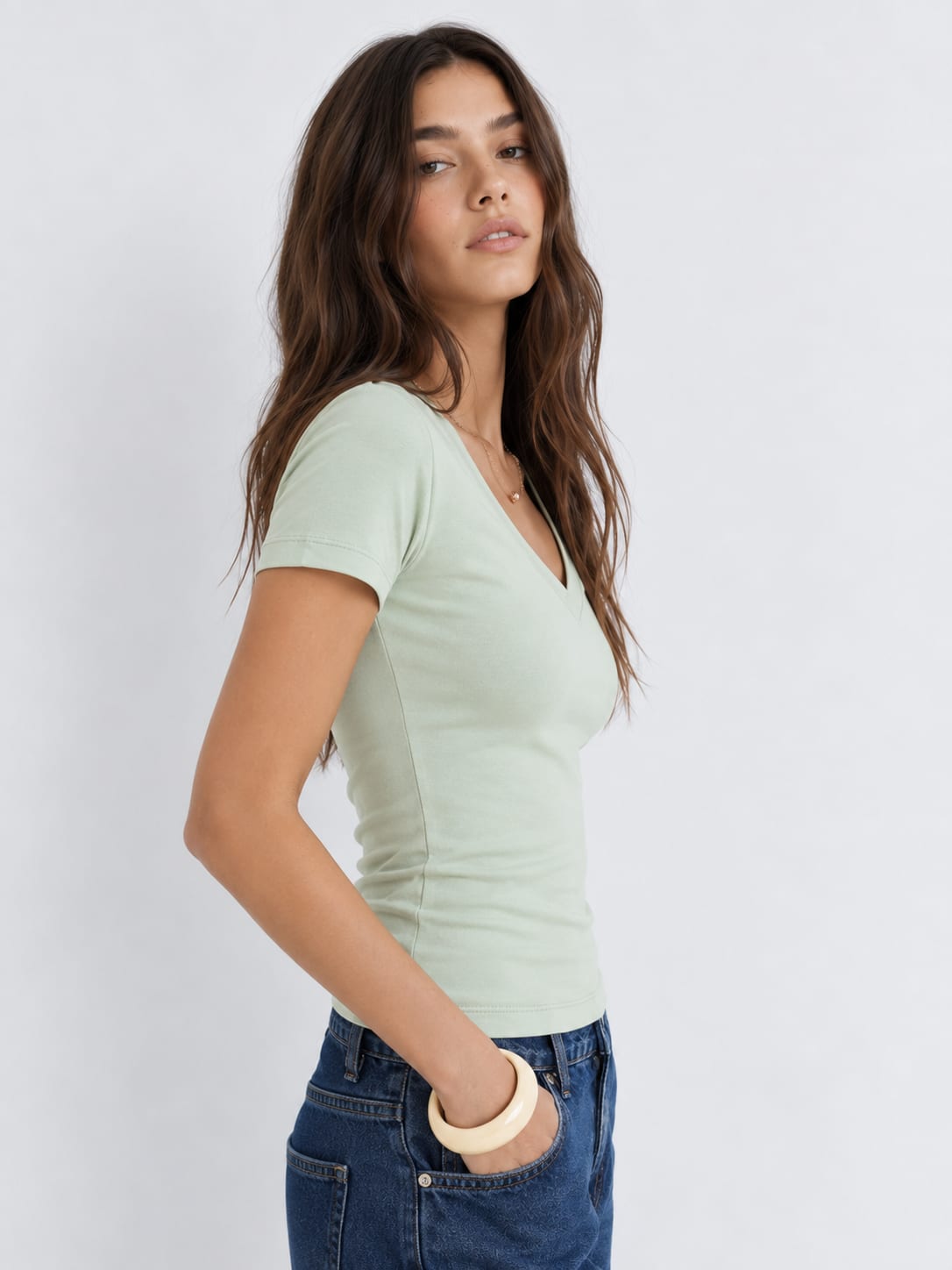 V-Neck Basic Top – Mint Green