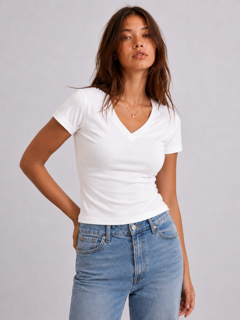 V-Neck Basic Top – White Basic top CIZARO - Cizaro Jeans