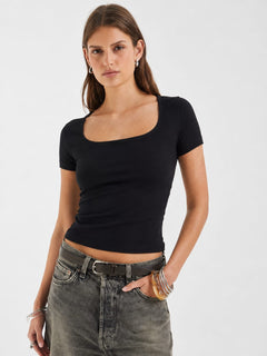 Women Black Short Sleeve Square Neck Basic Top Basic Top CIZARO - Cizaro Jeans