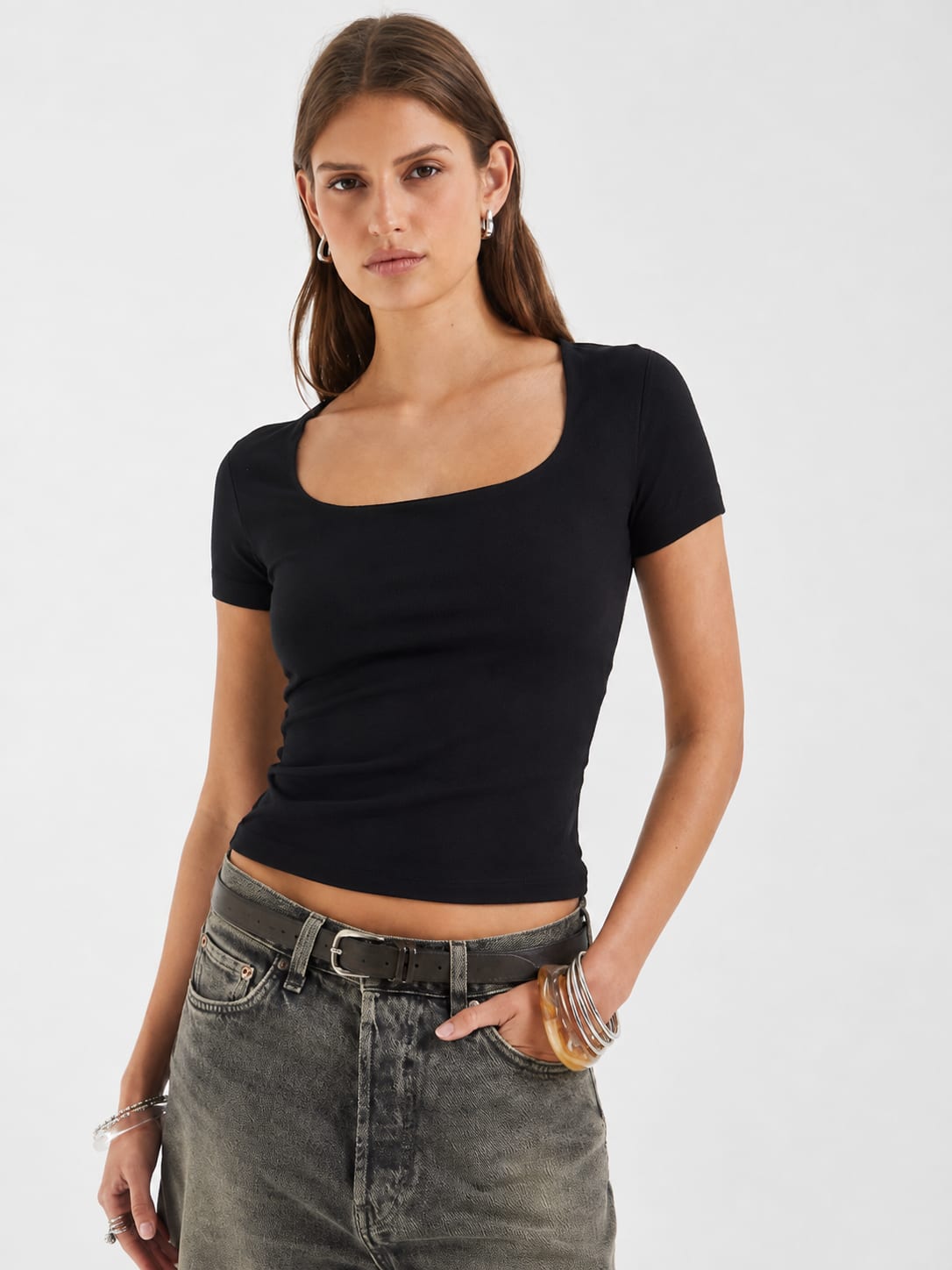 Women Black Short Sleeve Square Neck Basic Top