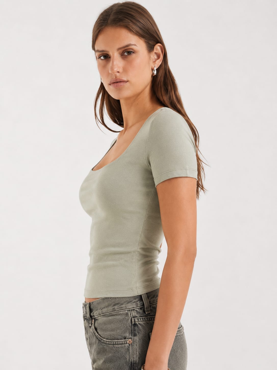 Women Olive Short Sleeve Square Neck Basic Top