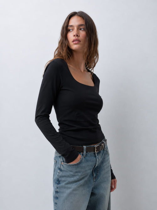 Women Long Sleeve Black Scoop Neck Basic Top Top CIZARO - Cizaro Jeans