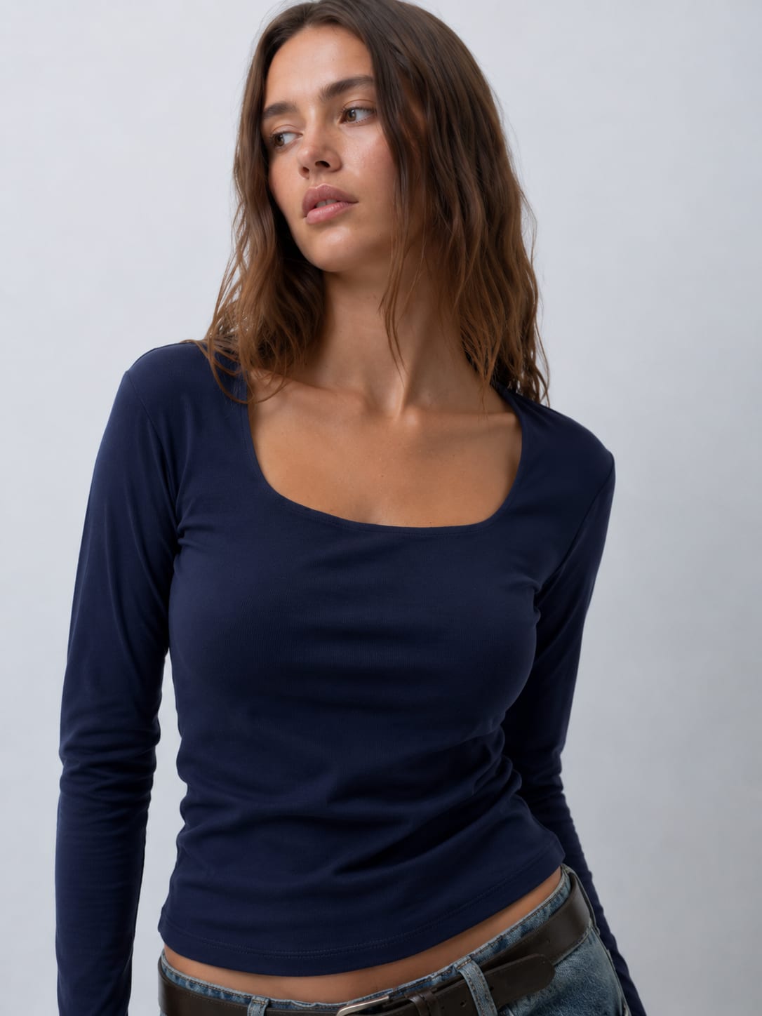 Women Long Sleeve blue Scoop Neck Basic Top