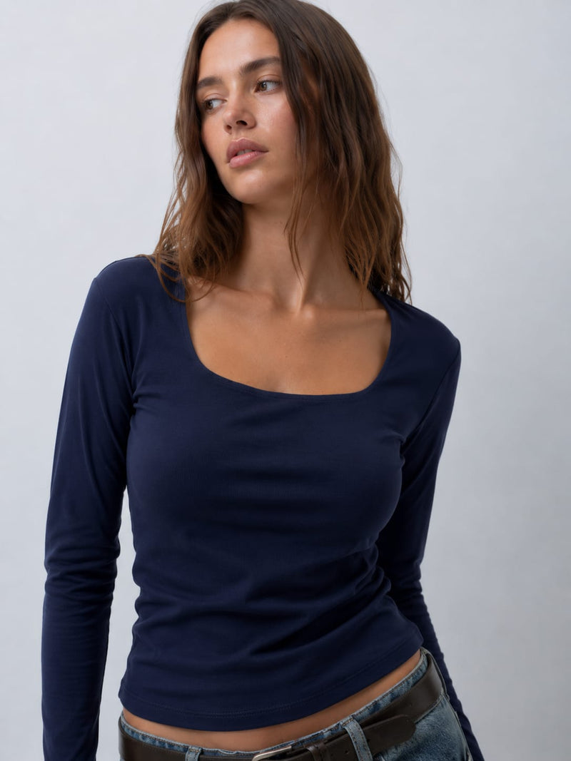 Women Long Sleeve blue Scoop Neck Basic Top Top CIZARO - Cizaro Jeans