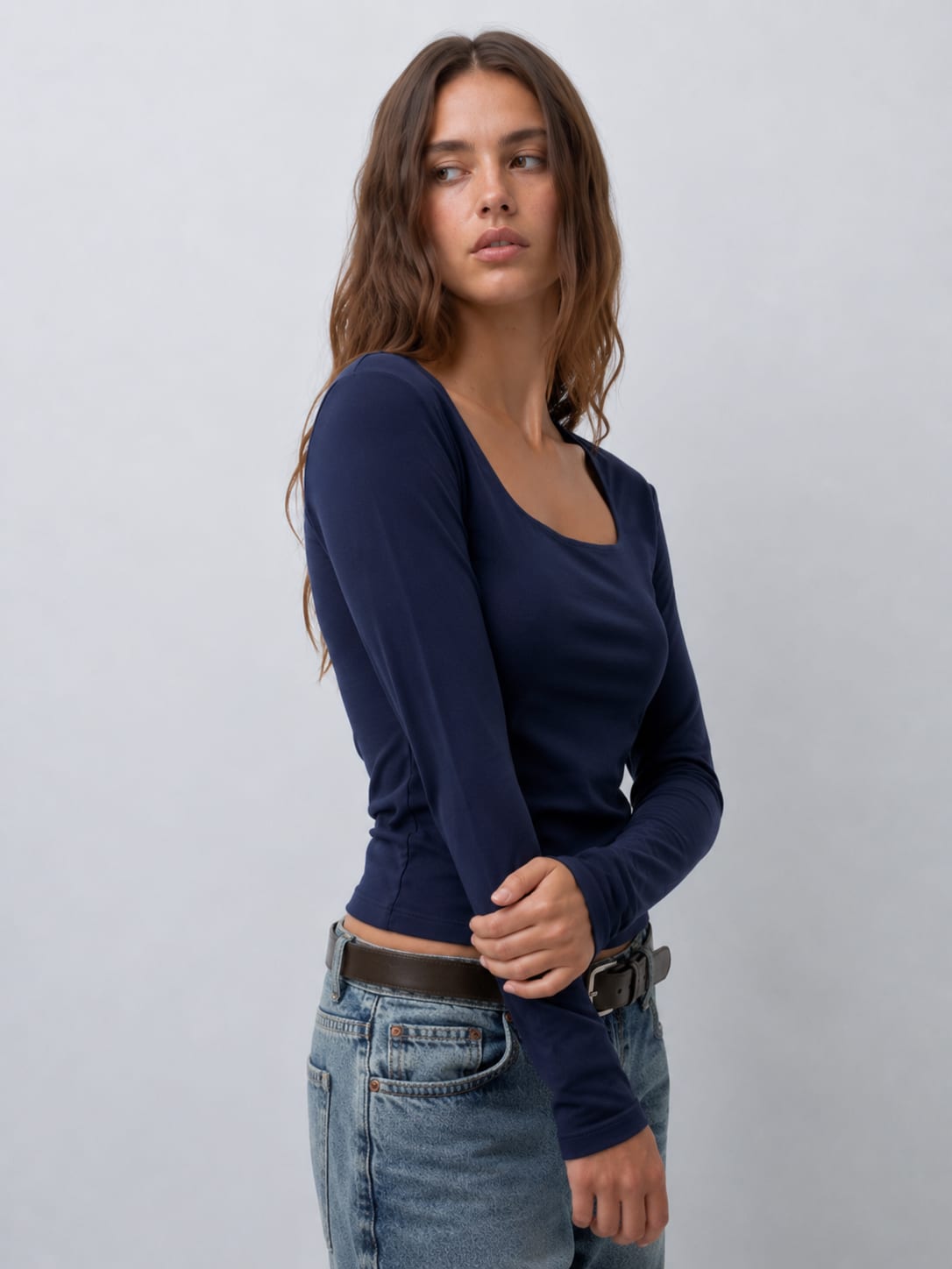Women Long Sleeve blue Scoop Neck Basic Top