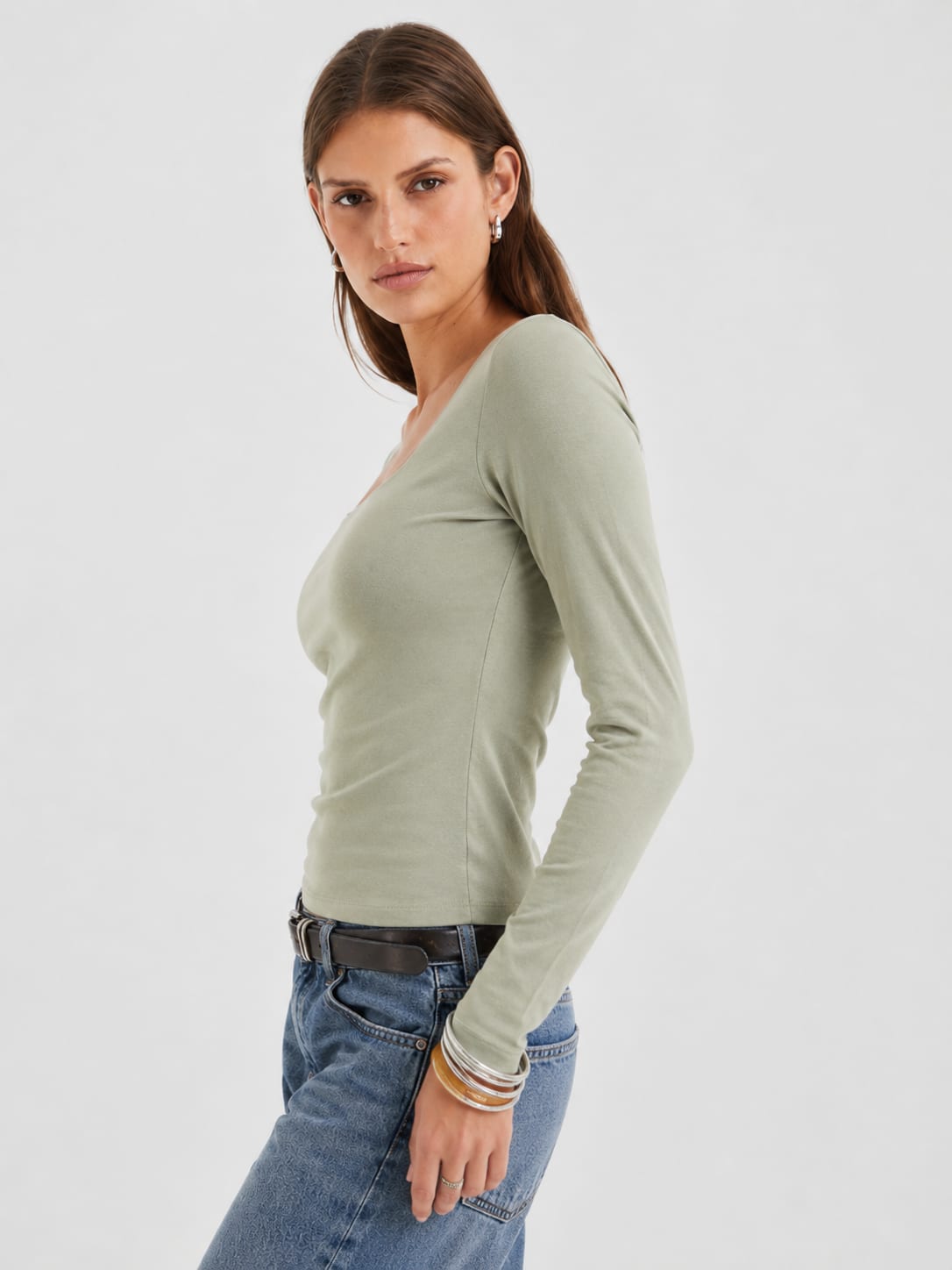 Women Long Sleeve olive  Square Neck Basic Top