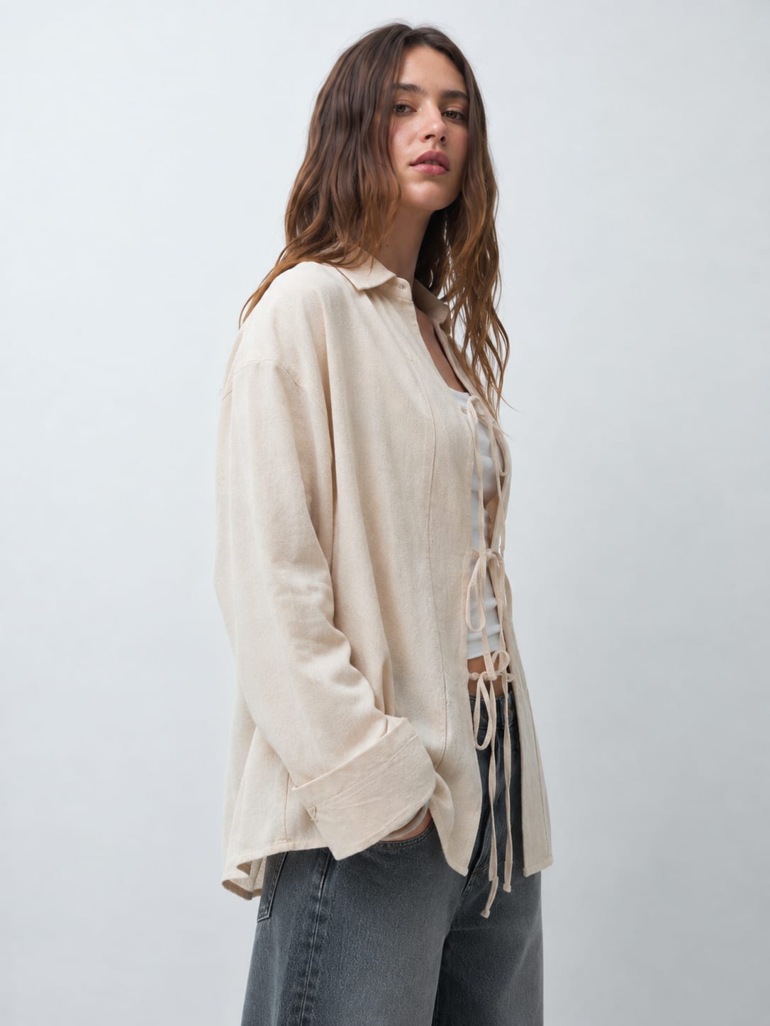 Linen Blend Open Front Cardigan – Beige