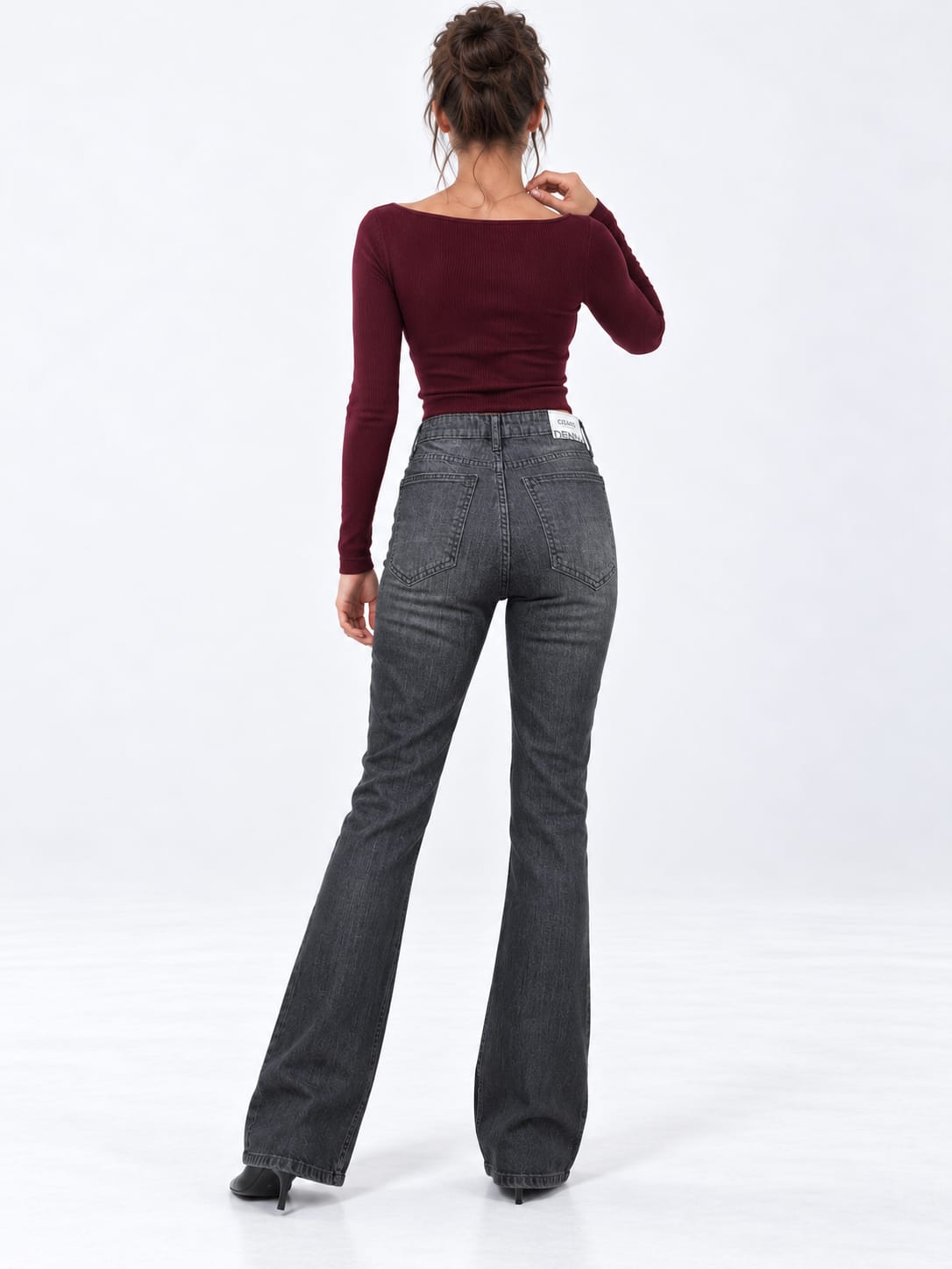 Flare High-Waist Washed Charcoal Gray Jeans