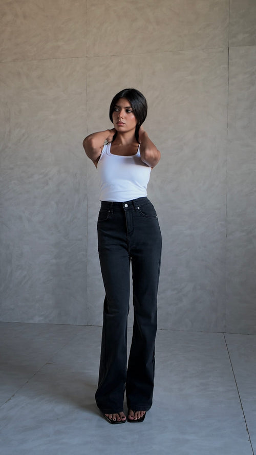 Flare High-Waist Charcoal Black Jeans Flare CIZARO - Cizaro Jeans