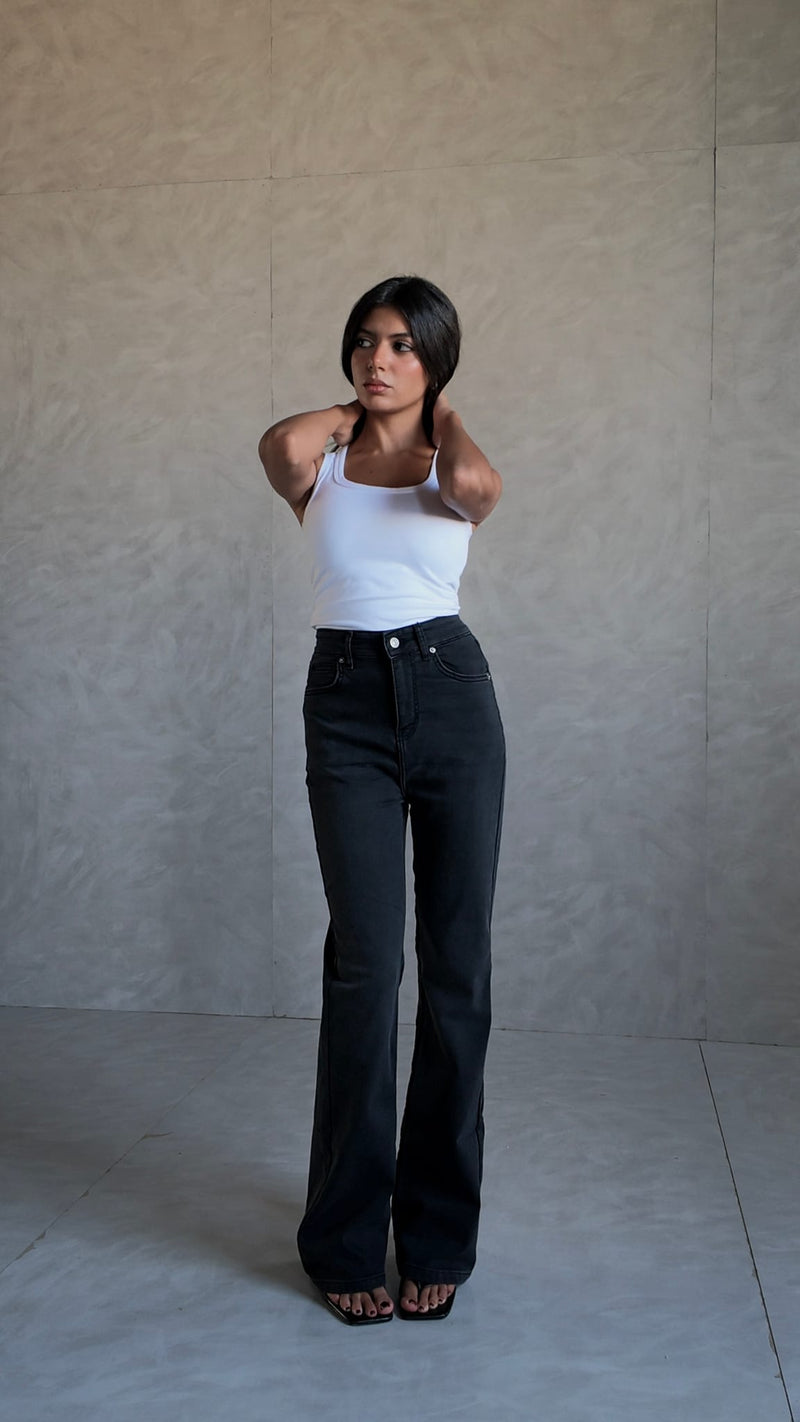 Flare High-Waist Charcoal Black Jeans Flare CIZARO - Cizaro Jeans