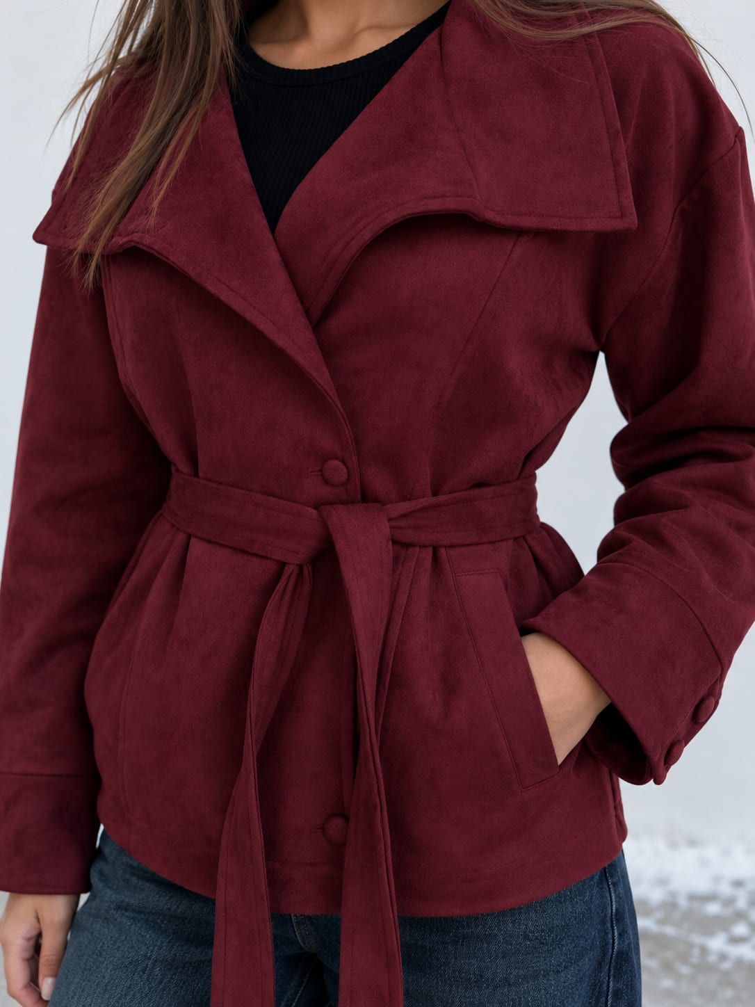Suede Belted Jacket – Burgundy