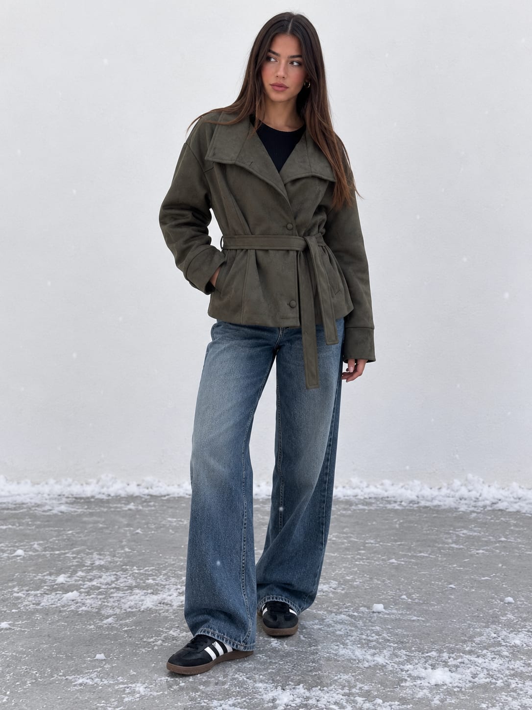 Suede Belted Jacket – Olive