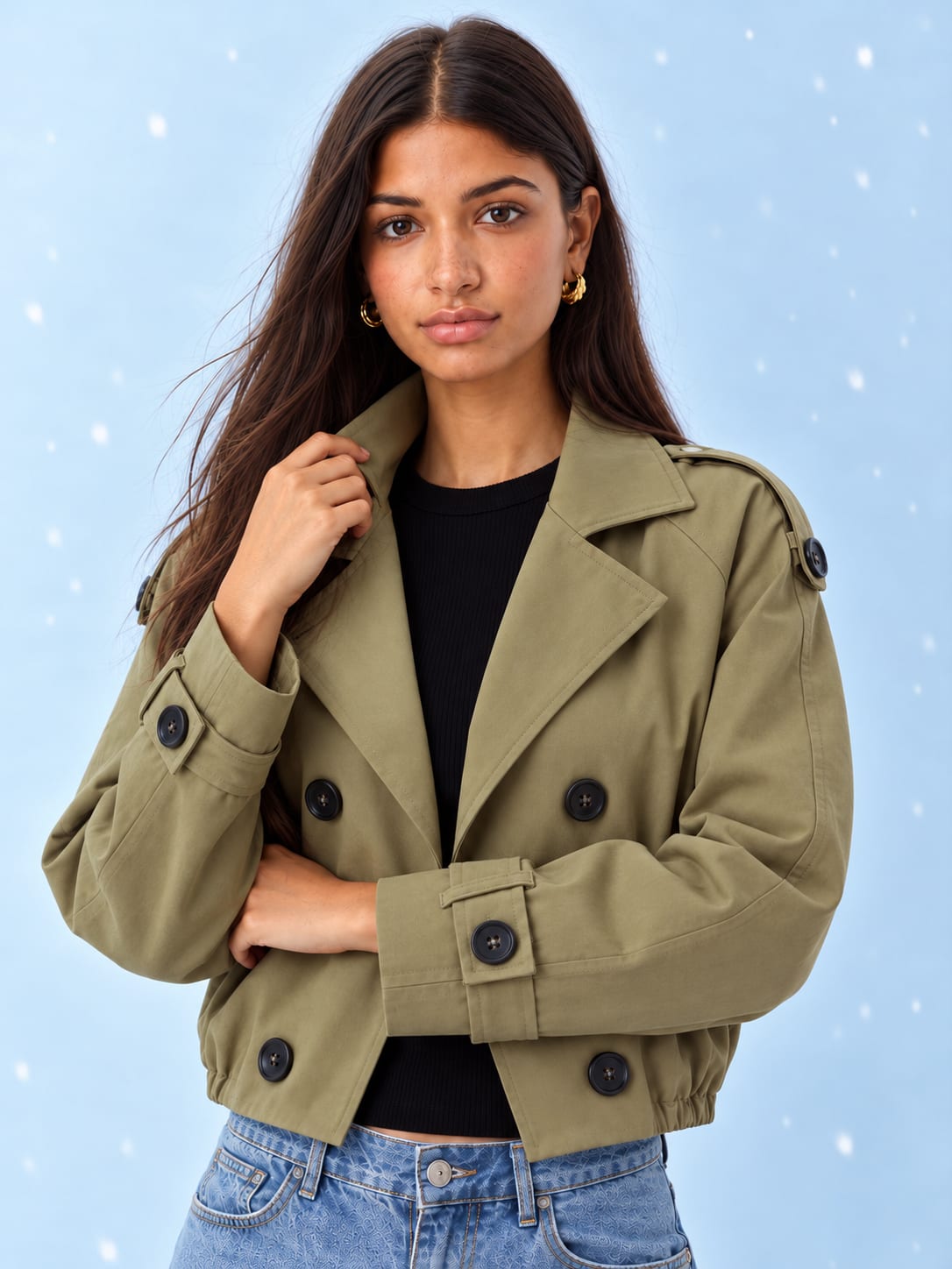 Pleated Cropped Trench Coat – Olive