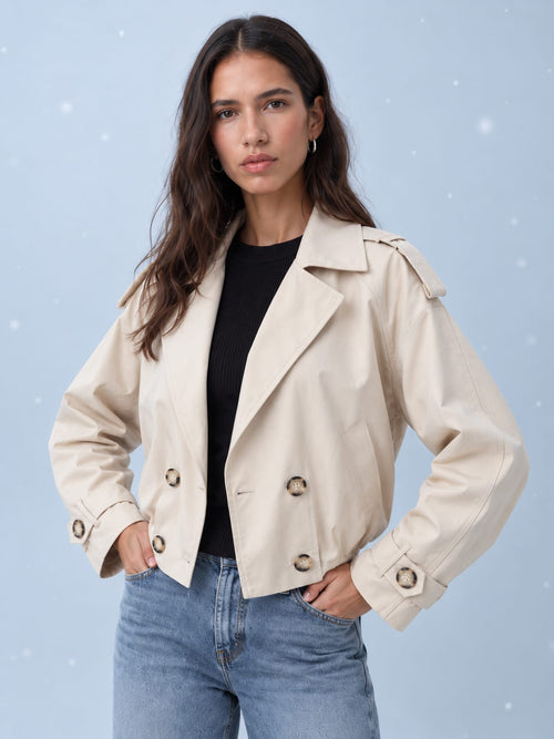 Pleated Cropped Trench Coat – Soft Sand
