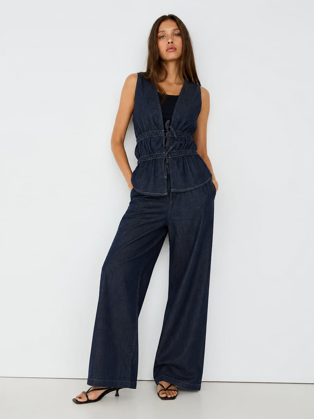 Wide-Leg Drawstring Dark Indigo Denim Pants