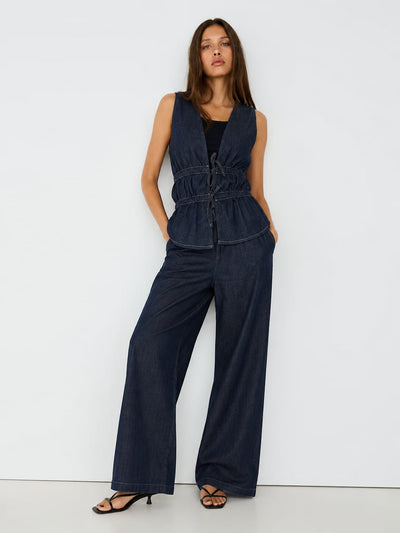 Wide-Leg Drawstring Dark Indigo Denim Pants Wide-leg CIZARO - Cizaro Jeans