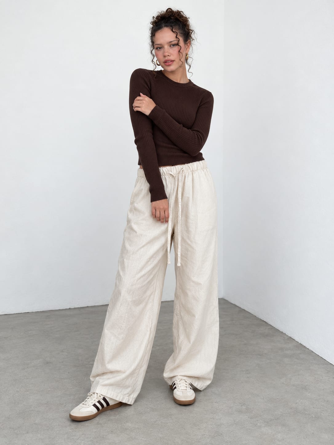 Ecru Wide-Leg Linen-Effect Pants Wide-Leg Linen CIZARO - Cizaro Jeans