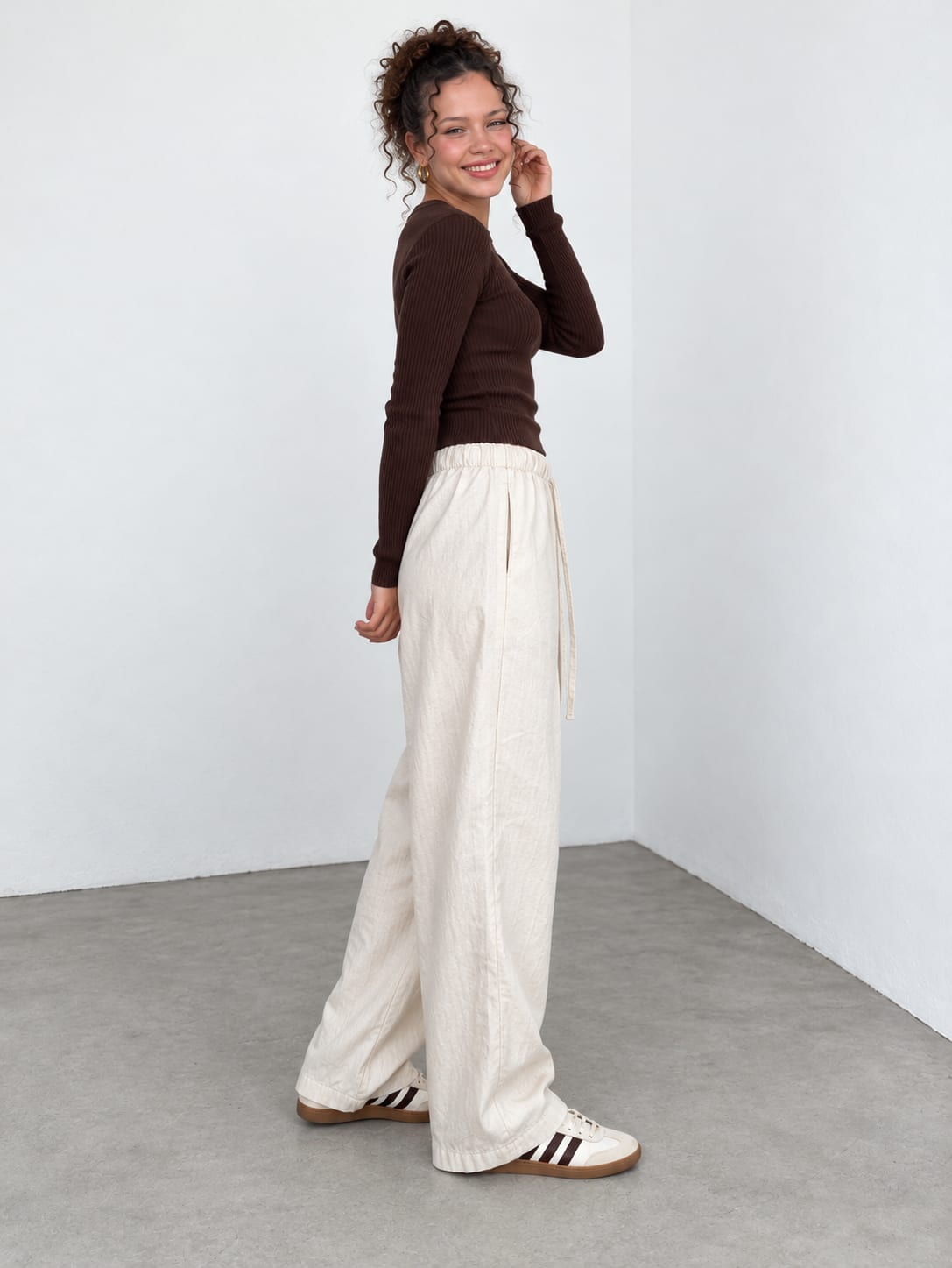 Ecru Wide-Leg Linen-Effect Pants Wide-Leg Linen CIZARO - Cizaro Jeans