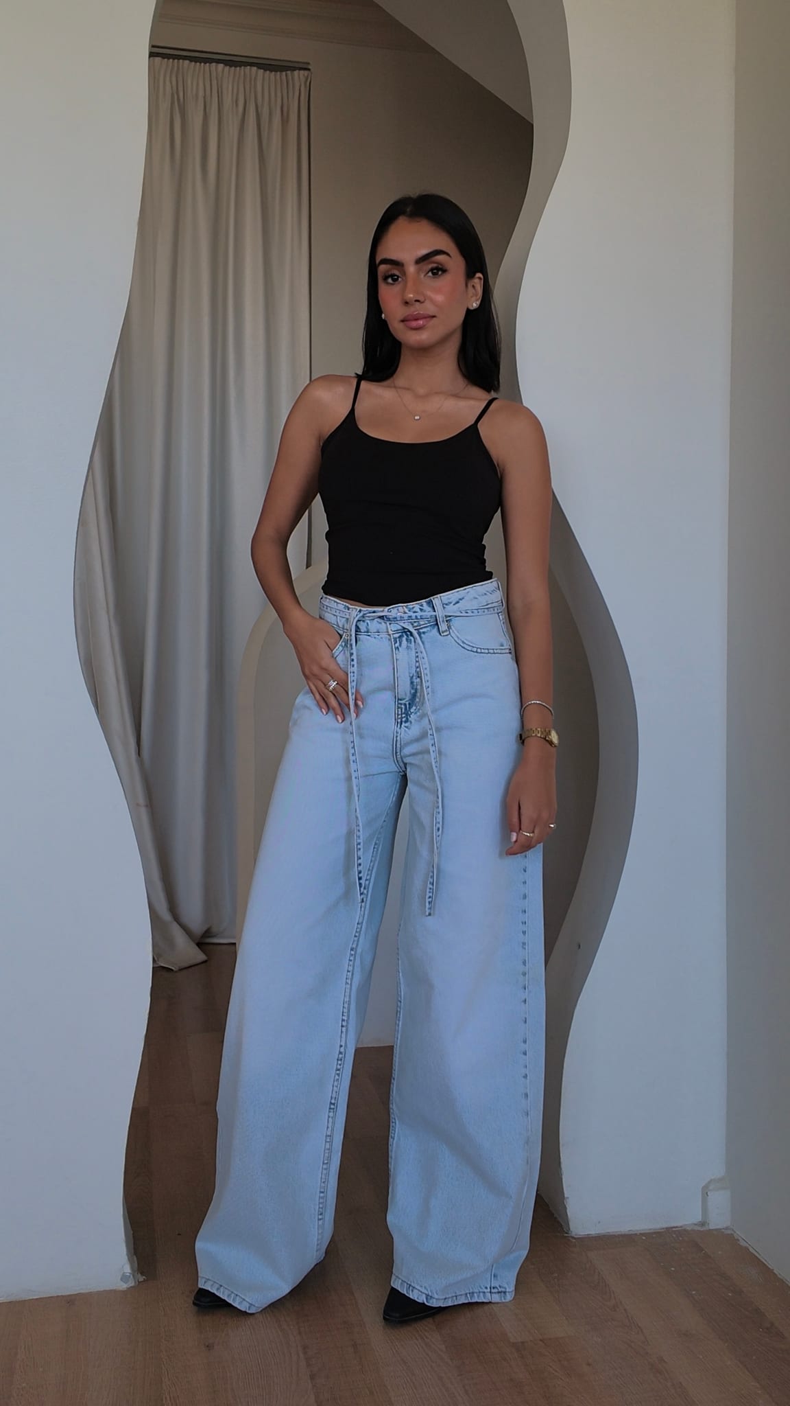 Super Baggy – High Waist Tie-Belt Powder Blue Jeans