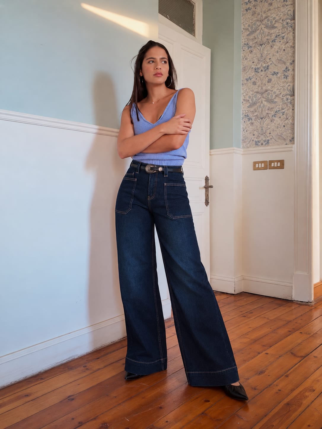 Statement Patch-Pocket Relaxed Wide-Leg High-Waist Ocean Blue Jeans Relaxed Wide-Leg CIZARO - Cizaro Jeans