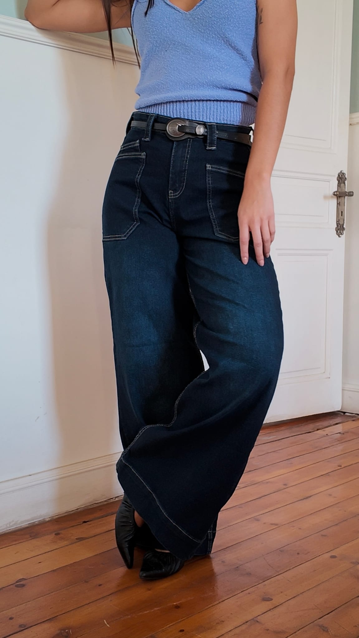 Statement Patch-Pocket Relaxed Wide-Leg High-Waist Ocean Blue Jeans Relaxed Wide-Leg CIZARO - Cizaro Jeans