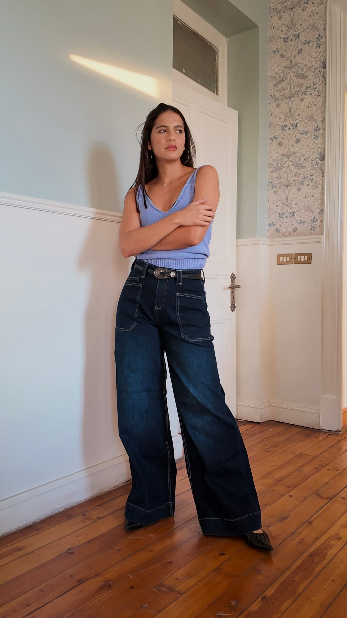 Statement Patch-Pocket Relaxed Wide-Leg High-Waist Ocean Blue Jeans Relaxed Wide-Leg CIZARO - Cizaro Jeans