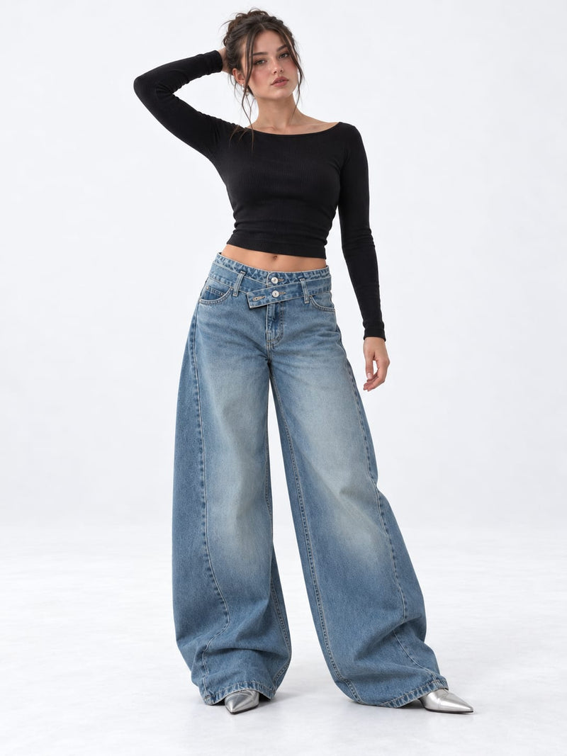 Super Baggy Mid-Rise Crossover Double-Waist Mid Vintage Blue Jeans