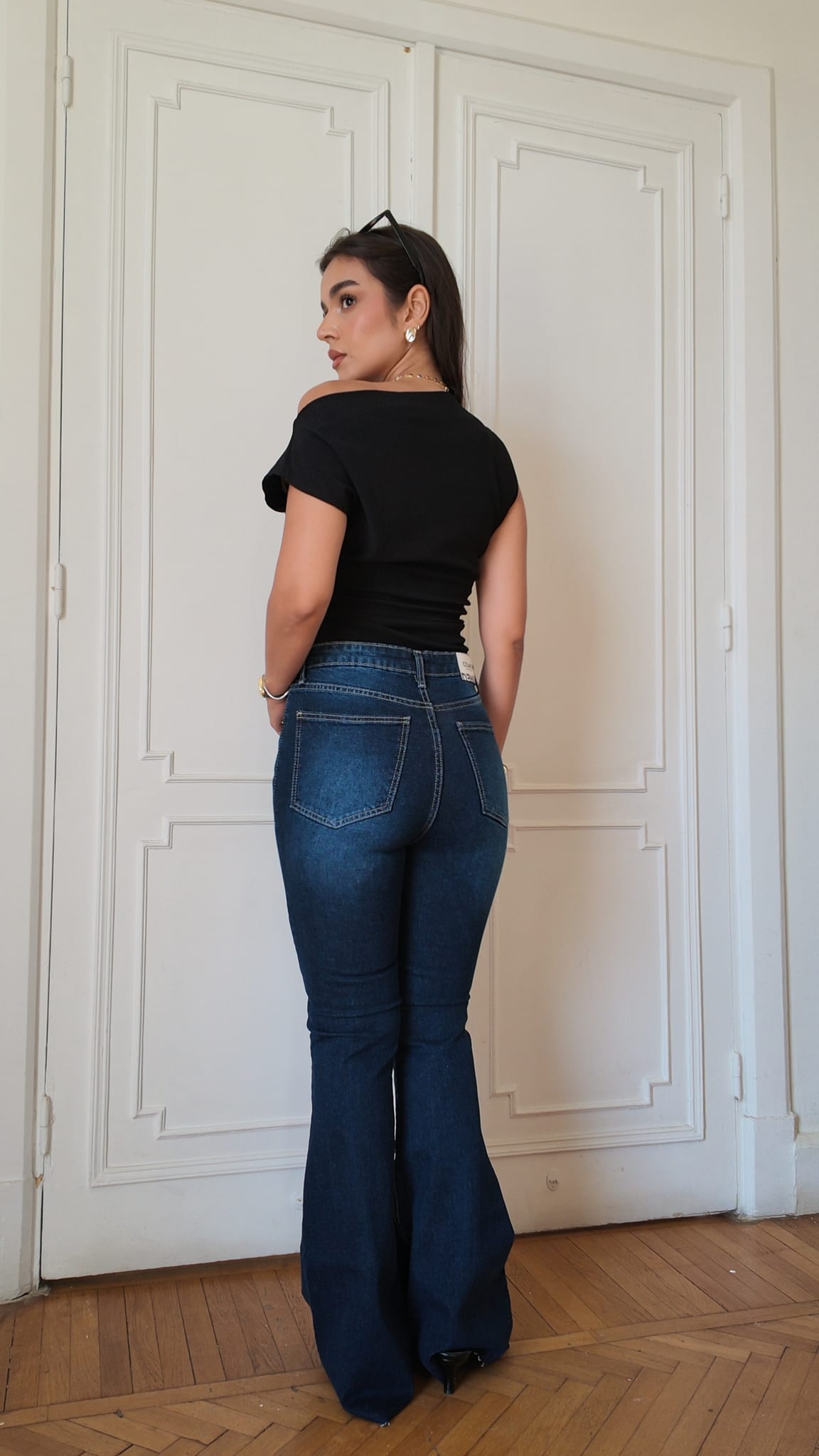 Slim Flare High-Waist Deep Indigo Blue Jeans