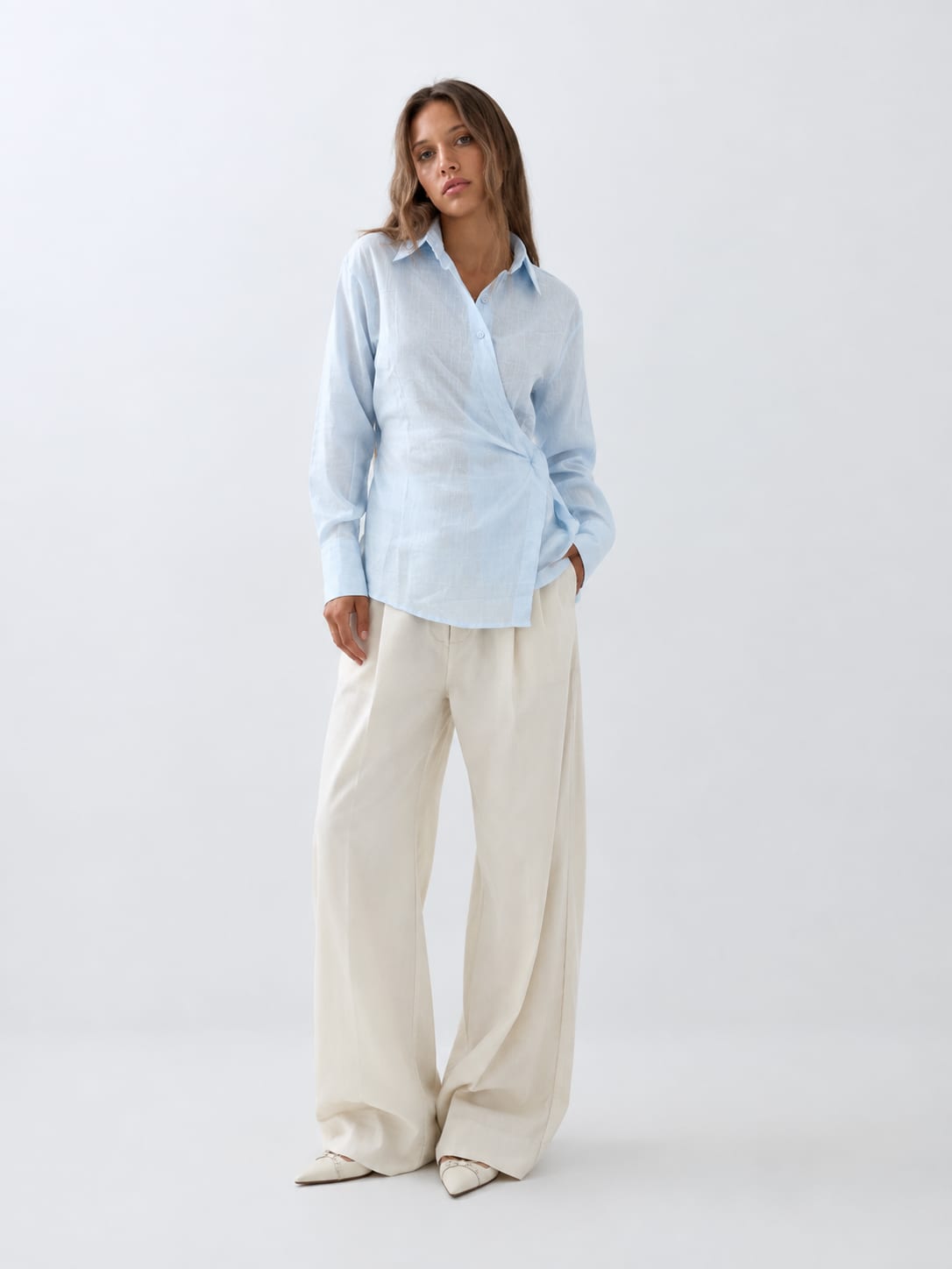 Side-Tie Wrap Linen Blouse – Pastel Blue