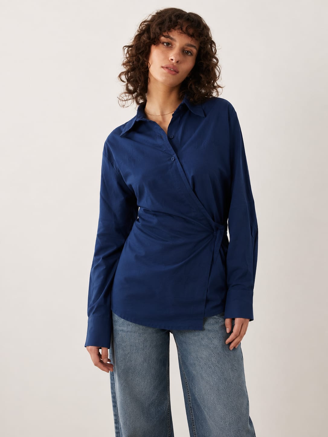 Side-Tie Wrap Blue Linen Blouse