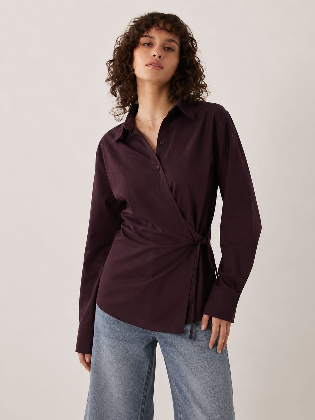 Side-Tie Wrap burgundy Linen Blouse