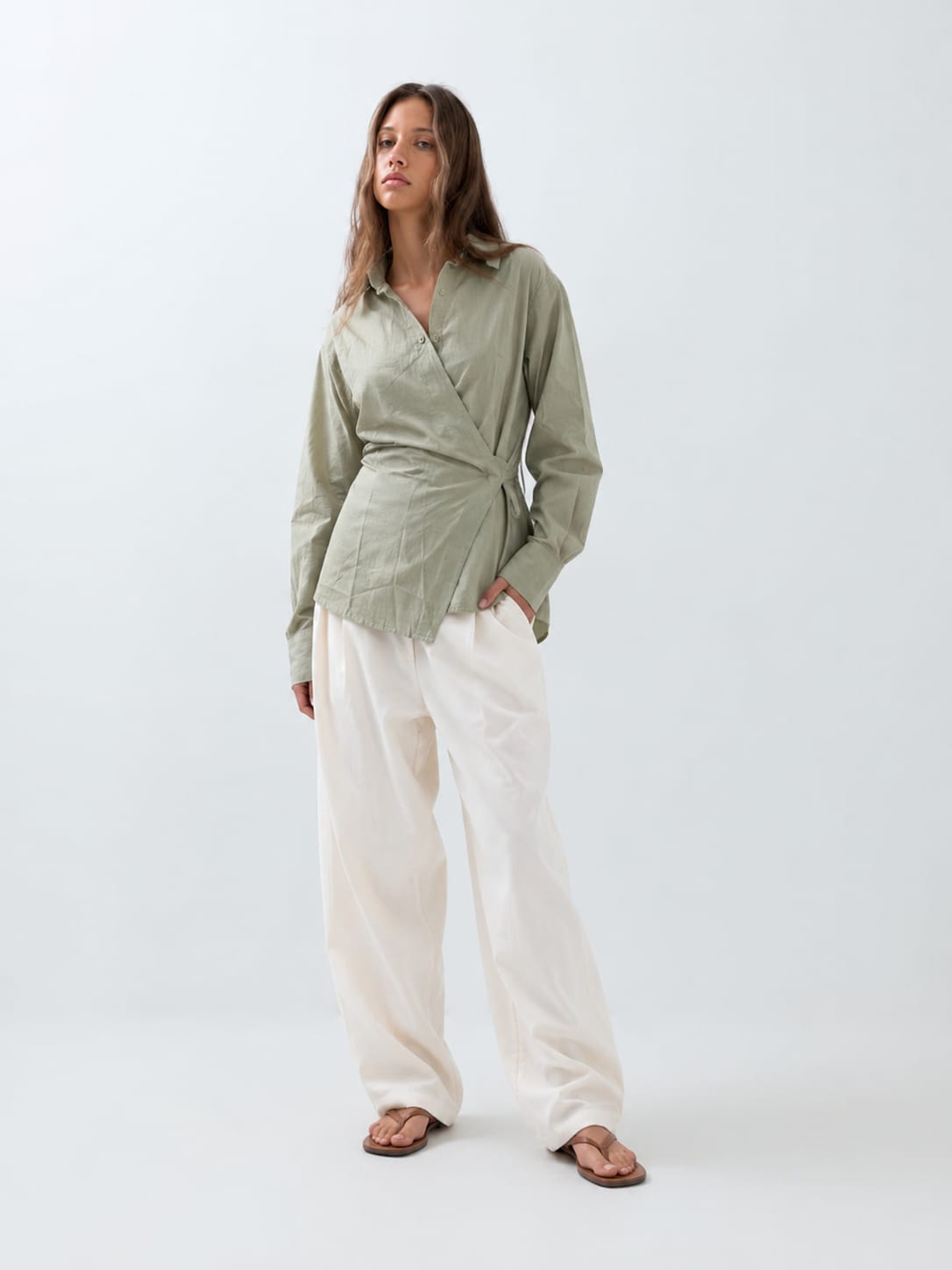 Side-Tie Wrap Linen Blouse – Mint Green