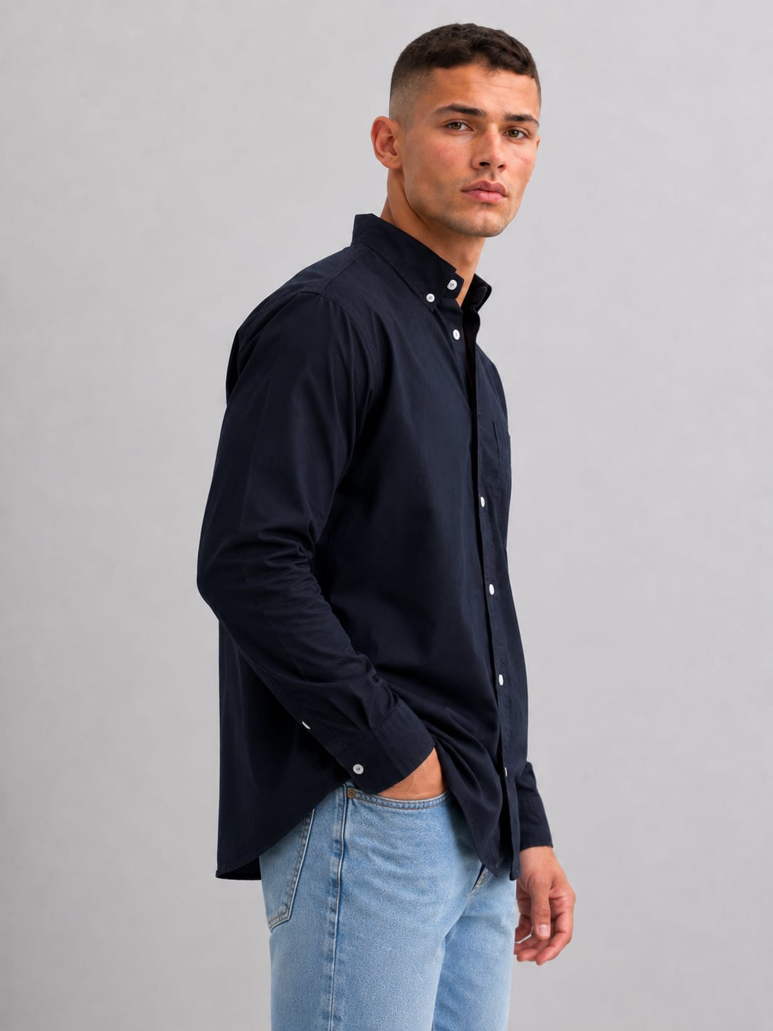 Men Navy Blue Long Sleeve Button-Down Shirt Shirt CIZARO - Cizaro Jeans