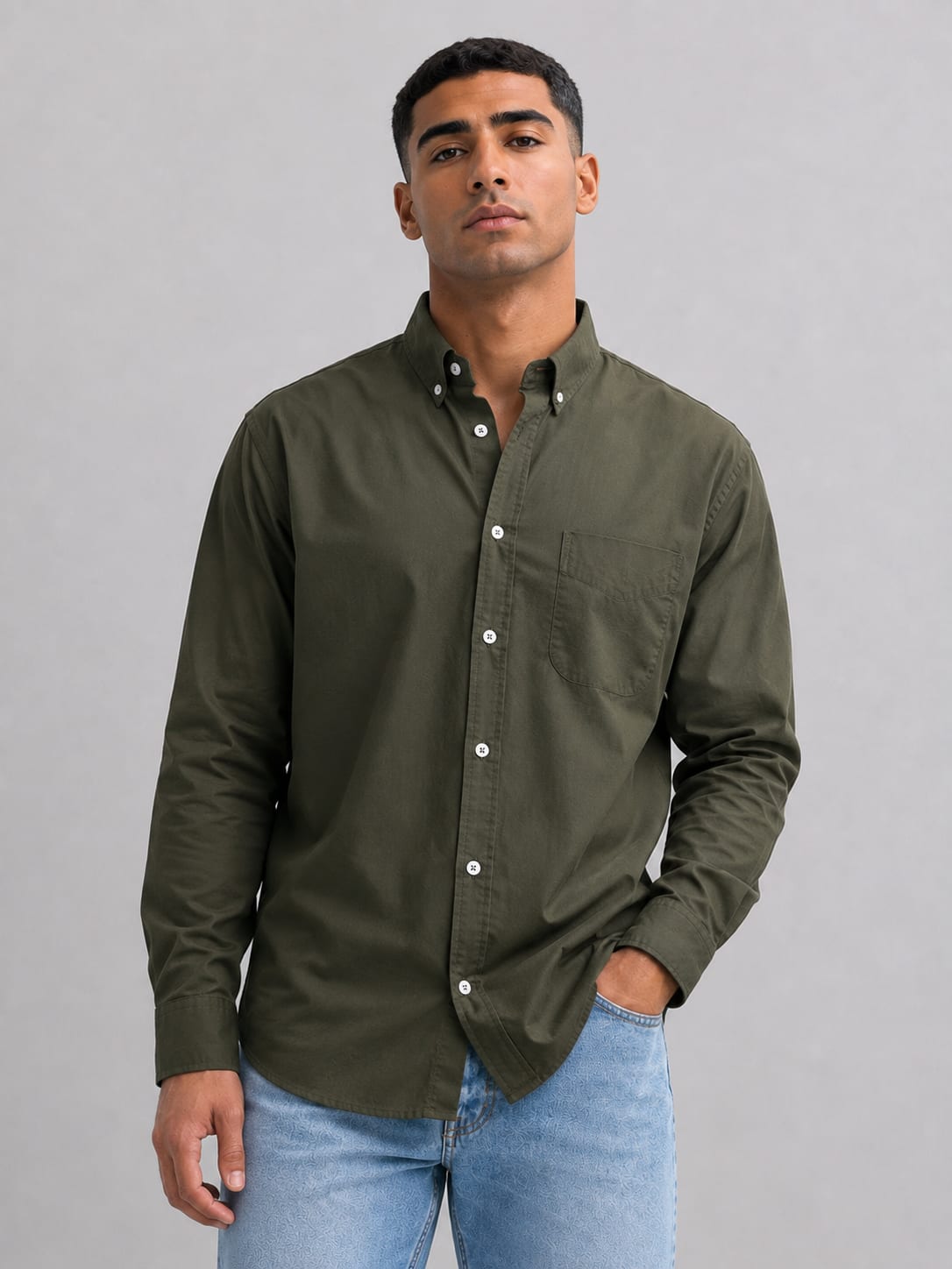 Men Olive Long Sleeve Button-Down Shirt Shirt CIZARO - Cizaro Jeans